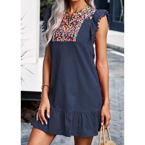 KIRUNDO Women's L Floral Embroidered Ruffle Shift Flowy Boho Mini Dress Mexican - Picture 2 of 5